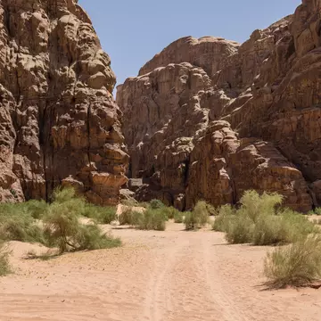 Enter to Barrah Canyon. Wadi Rum (Valley of the Moon), Jordan. UNESCO World Heritage.; Shutterstock ID 449364199;