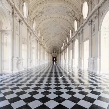 A vaulted gallery with ornate decoration is pictured. The windows and black-and-white-tiles render the room in linear perspective.