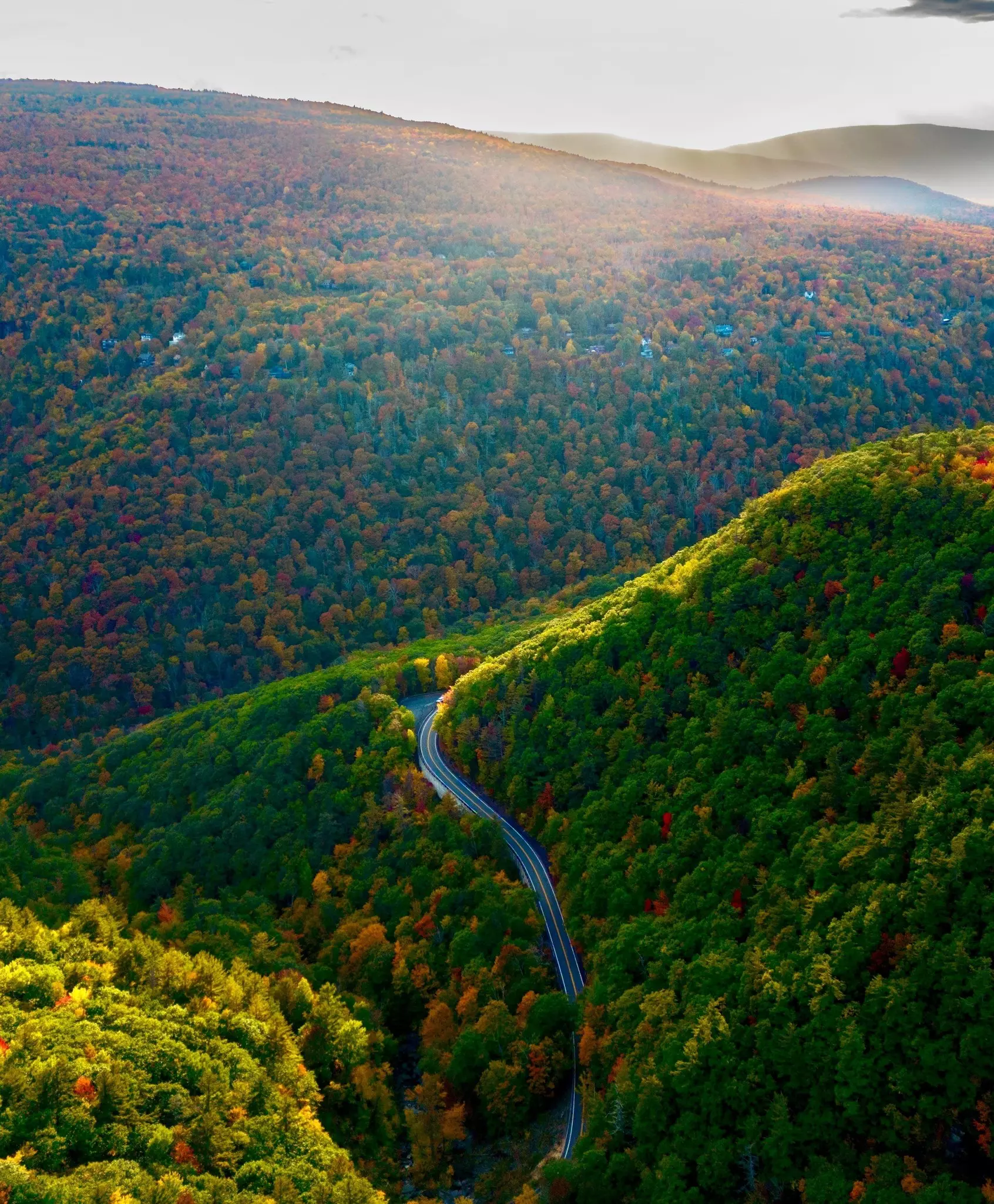 An aerial view of a winding road in a mountain range, with slopes covered in trees with green leaves and some with fall foliage.