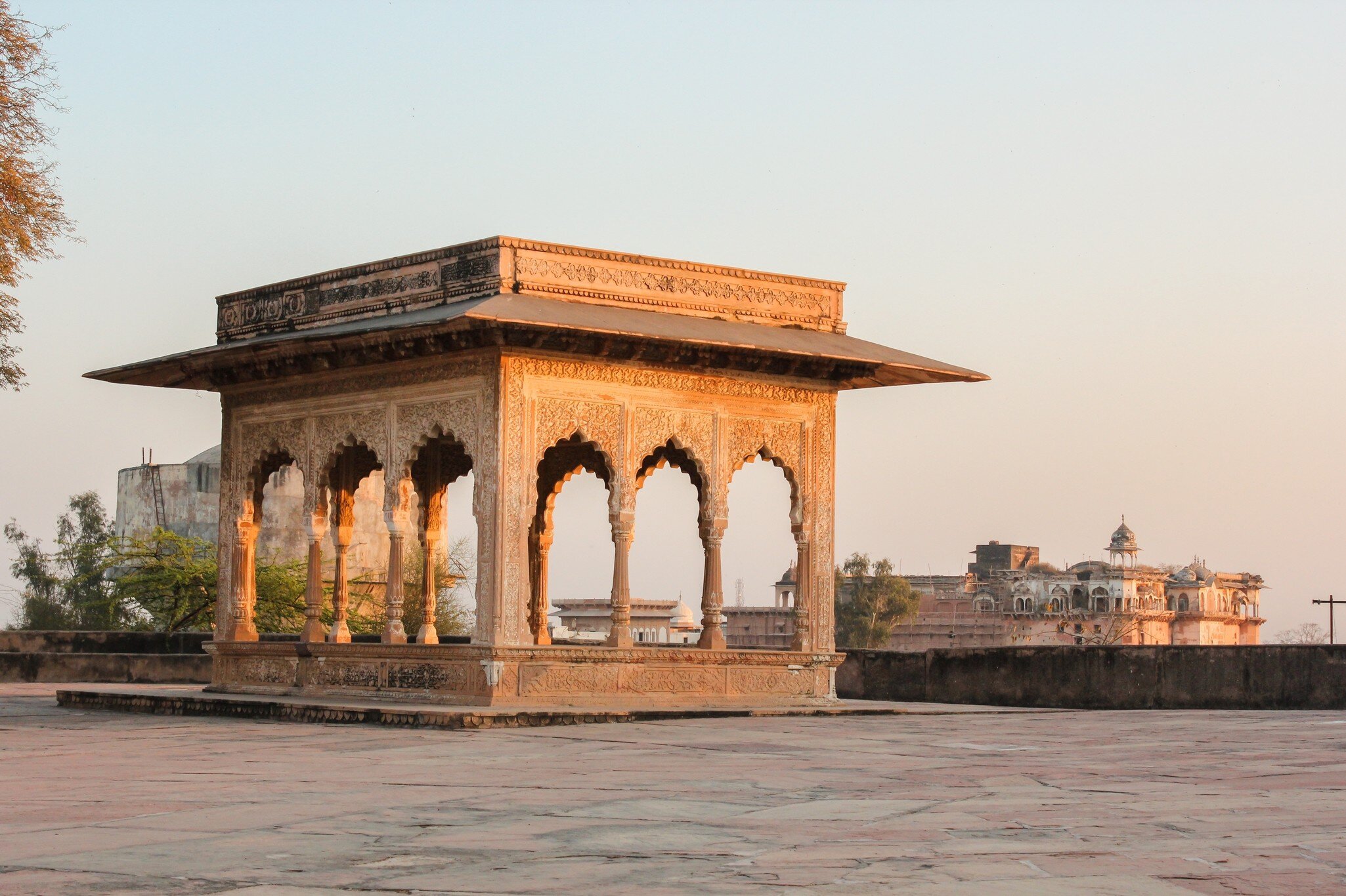 A pavilion lit by evening light at the ancient Lohagarh fort in Bharatpur in Rajasthan, India.