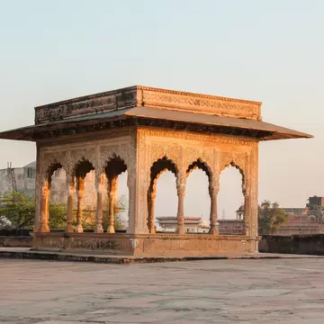 A pavilion lit by evening light at the ancient Lohagarh fort in Bharatpur in Rajasthan, India.