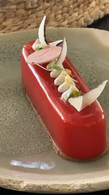 A red oblong dessert with a sandy-colored garnish protruding from it