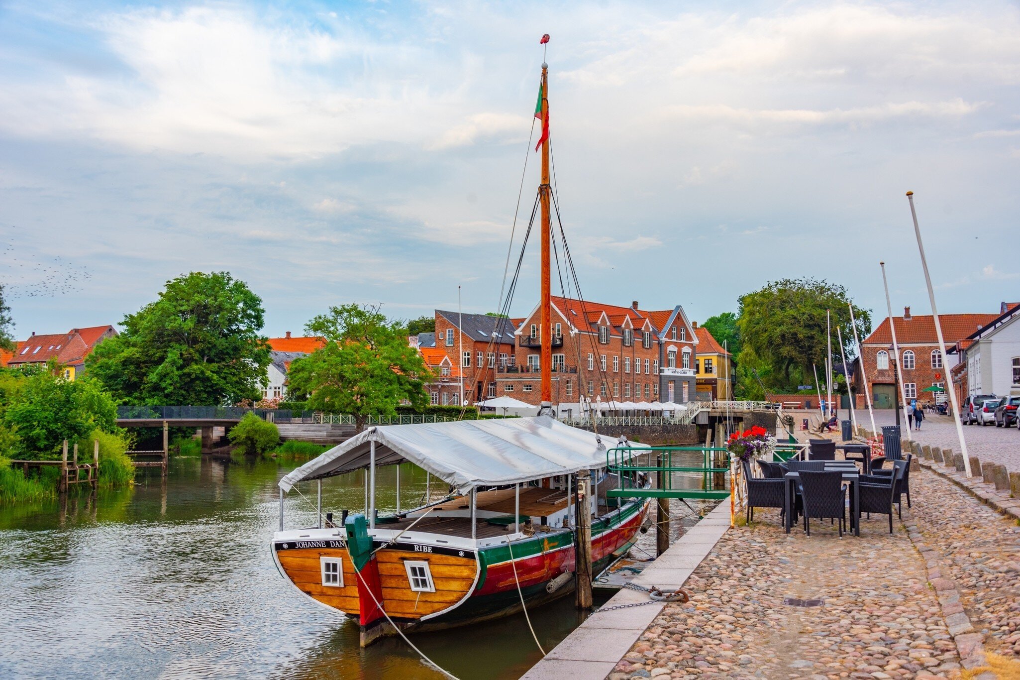 Johanne Dan boat docked at Danish town Ribe, Denmark.