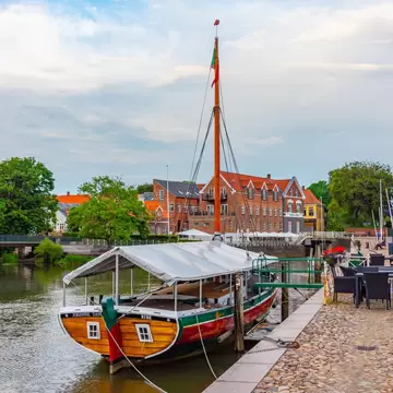 Johanne Dan boat docked at Danish town Ribe, Denmark.