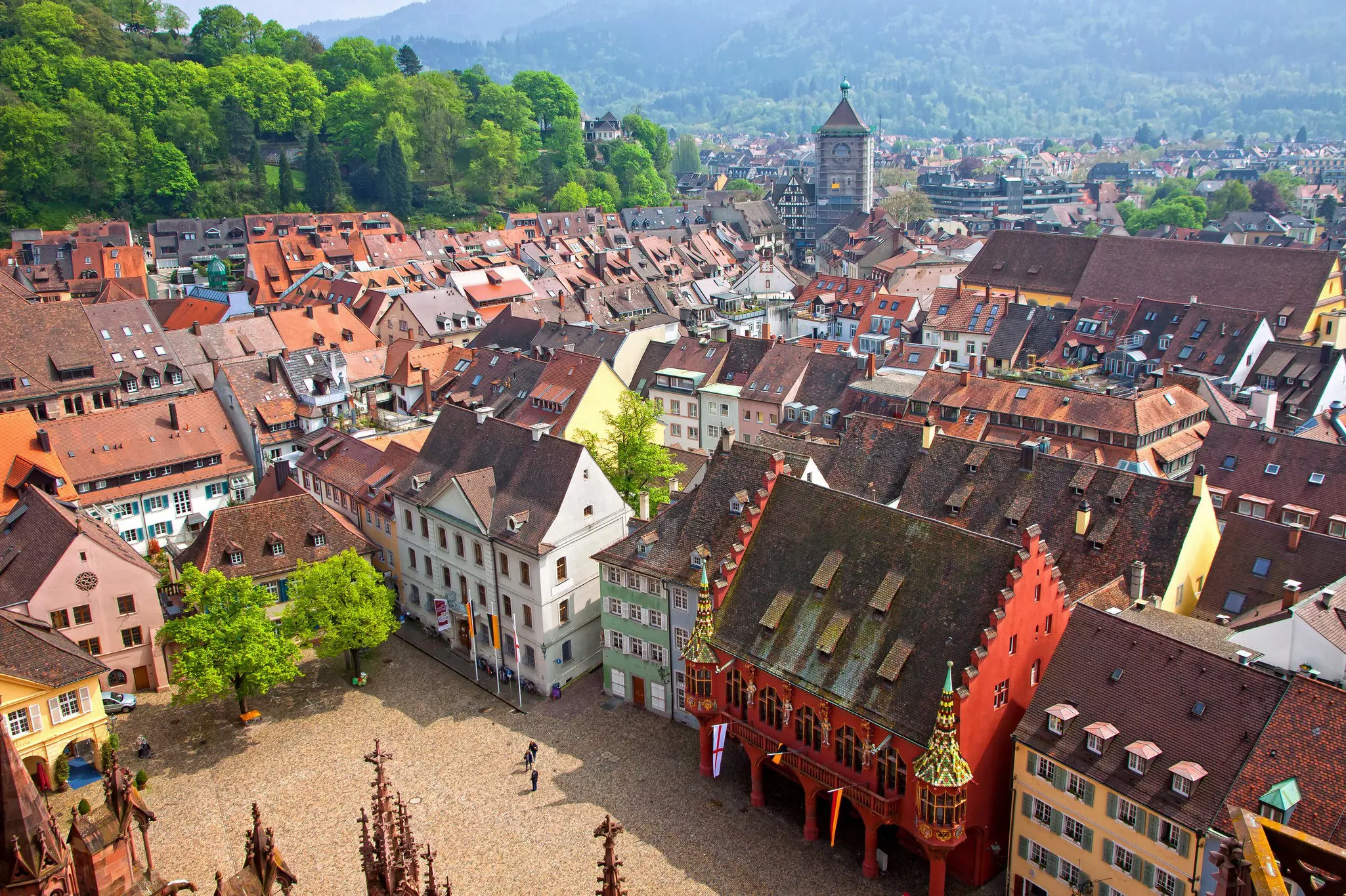 Looking down on Freiburg's historic market square.