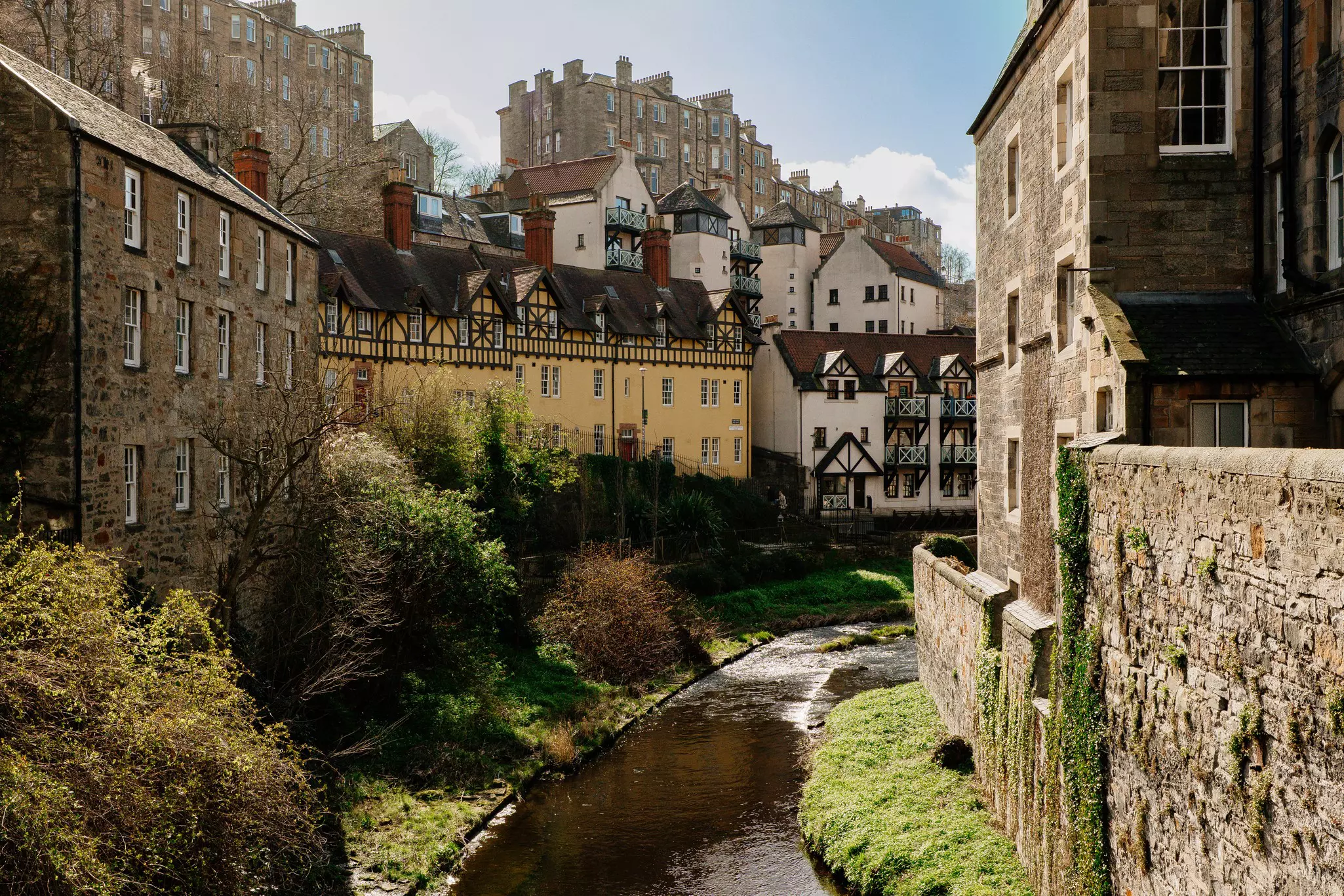 Historic houses along the Water of Leith, Edinburgh, Scotland.