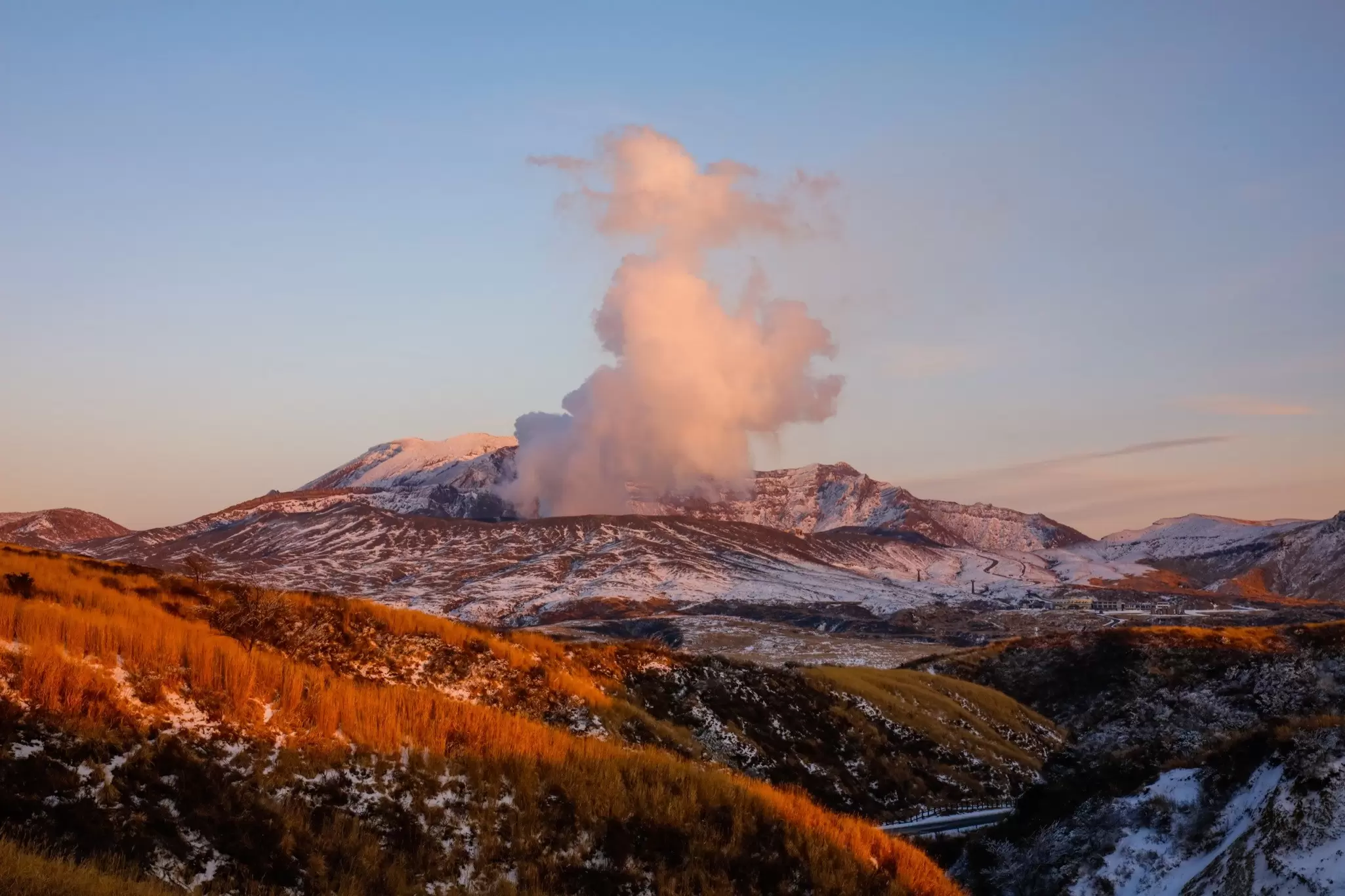 Smoke rising from the volcanic crater of Mt Aso in Japan