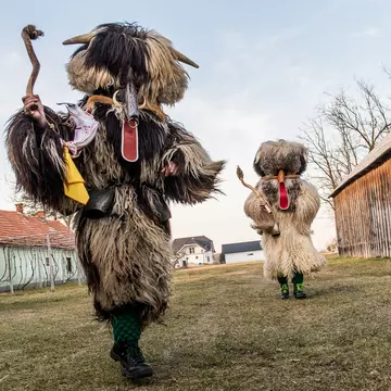 "Kurent" characters in Lancova Vas, Slovenia, in 2019. Jason Gardner