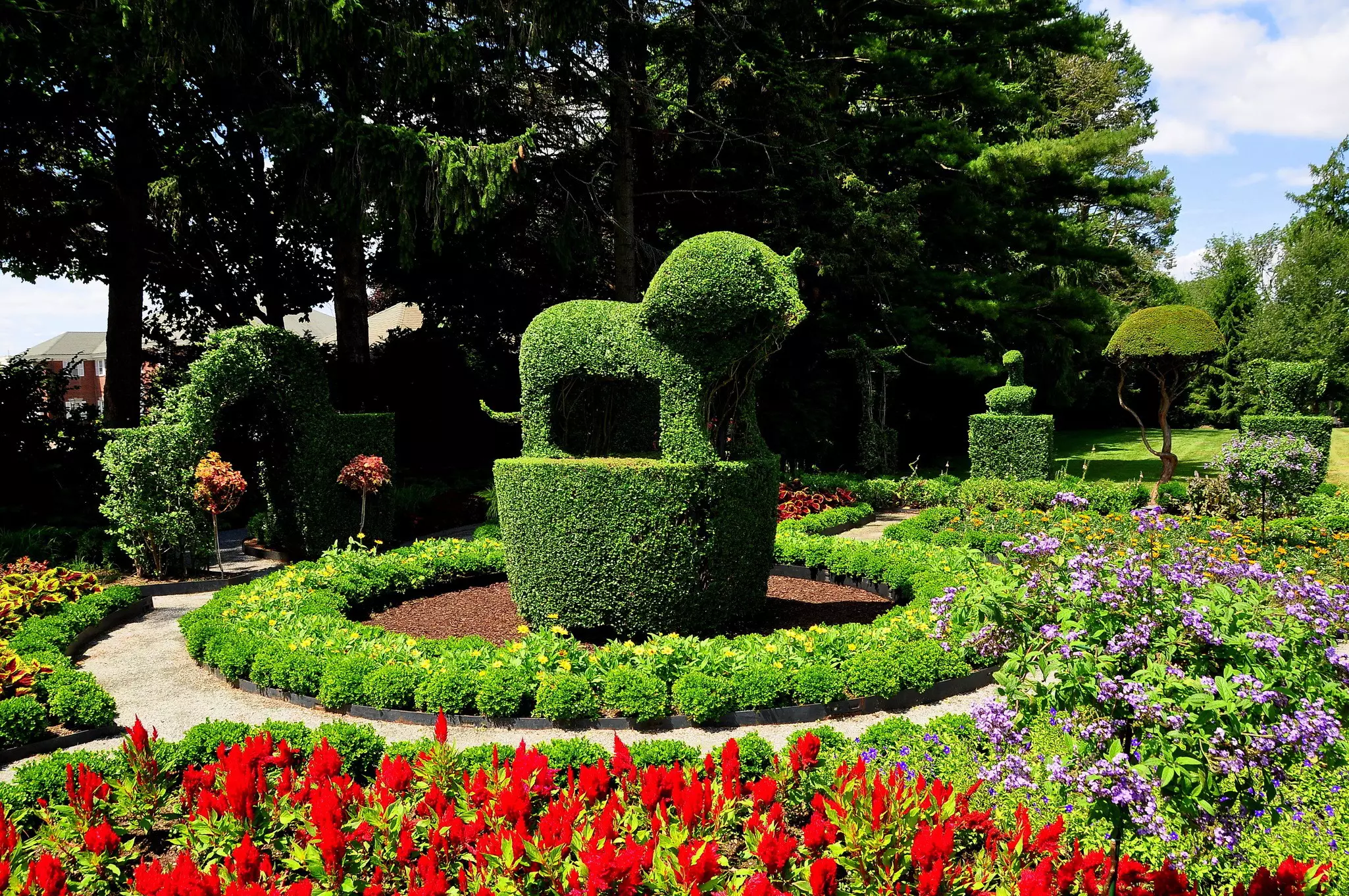 A topiary lion surrounded by colorful flowers at a garden in Rhode Island.