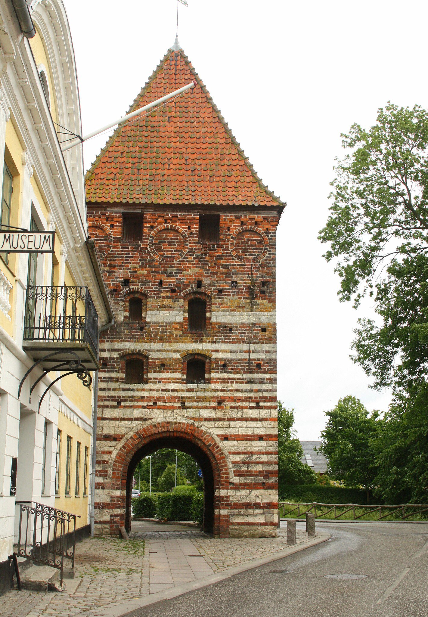 Old city gate 'Mølleport' and Mønsmuseum in Stege, Denmark.