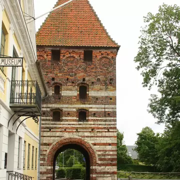 Old city gate 'Mølleport' and Mønsmuseum in Stege, Denmark.