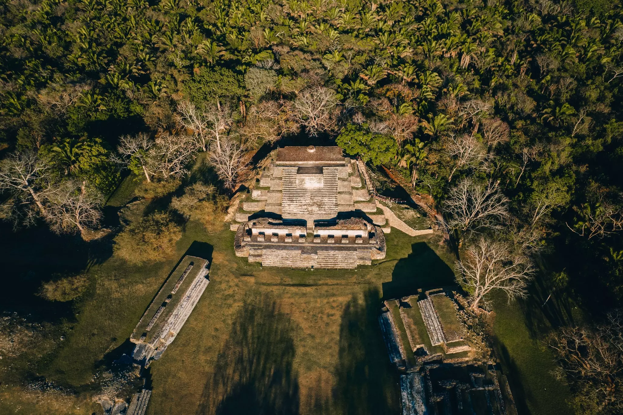 Aerial view of ancient ruins surrounded by forest on a sunny day with long shadows of trees on the grass.