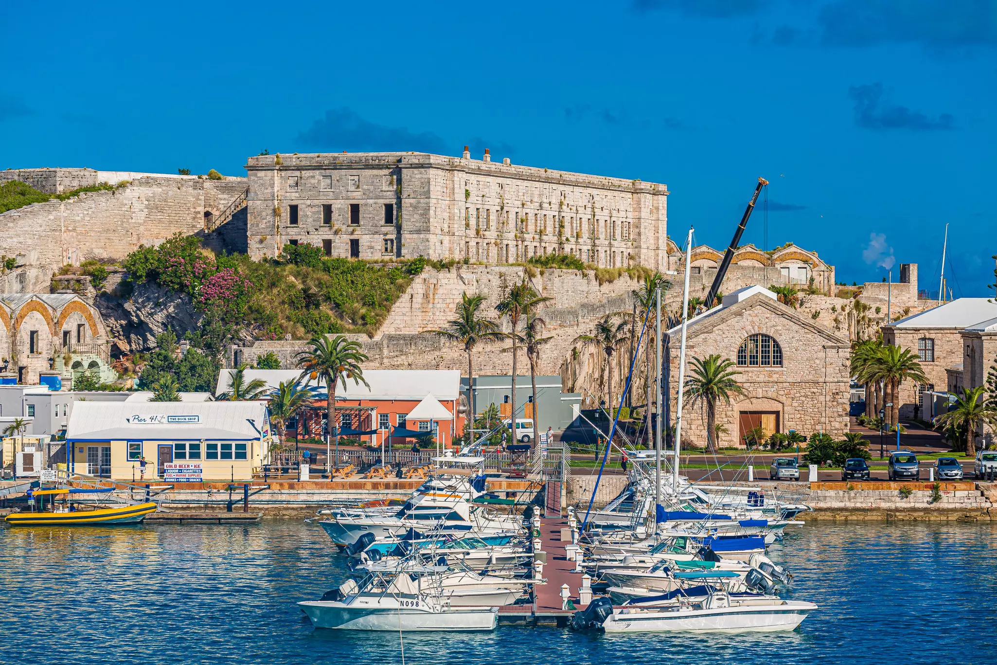 A marina with sailboats is pictured in front of a hill with a historic building.
