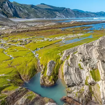 View of flysch formations in the Basque Coast Geopark in Zumaia, Spain.