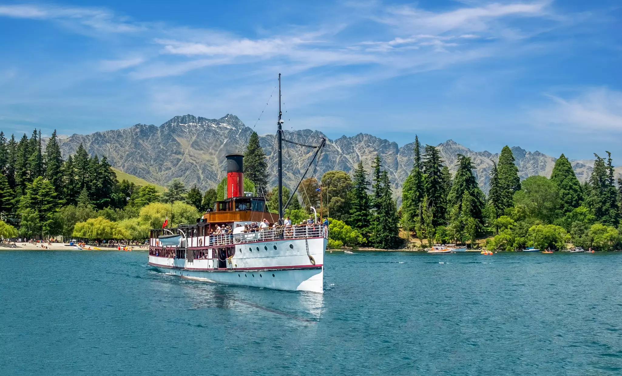 Queenstown, New Zealand - 28 December 2018: Steamship TSS Earnslaw on Lake Wakatipu., License Type: media, Download Time: 2025-03-20T20:27:07.000Z, User: mvm_lonelyplanet, Editorial: true, purchase_order: 56530 - Guidebooks, job: New Zealand 22, client: Global Publishing-WIP, other: Virginia Moreno