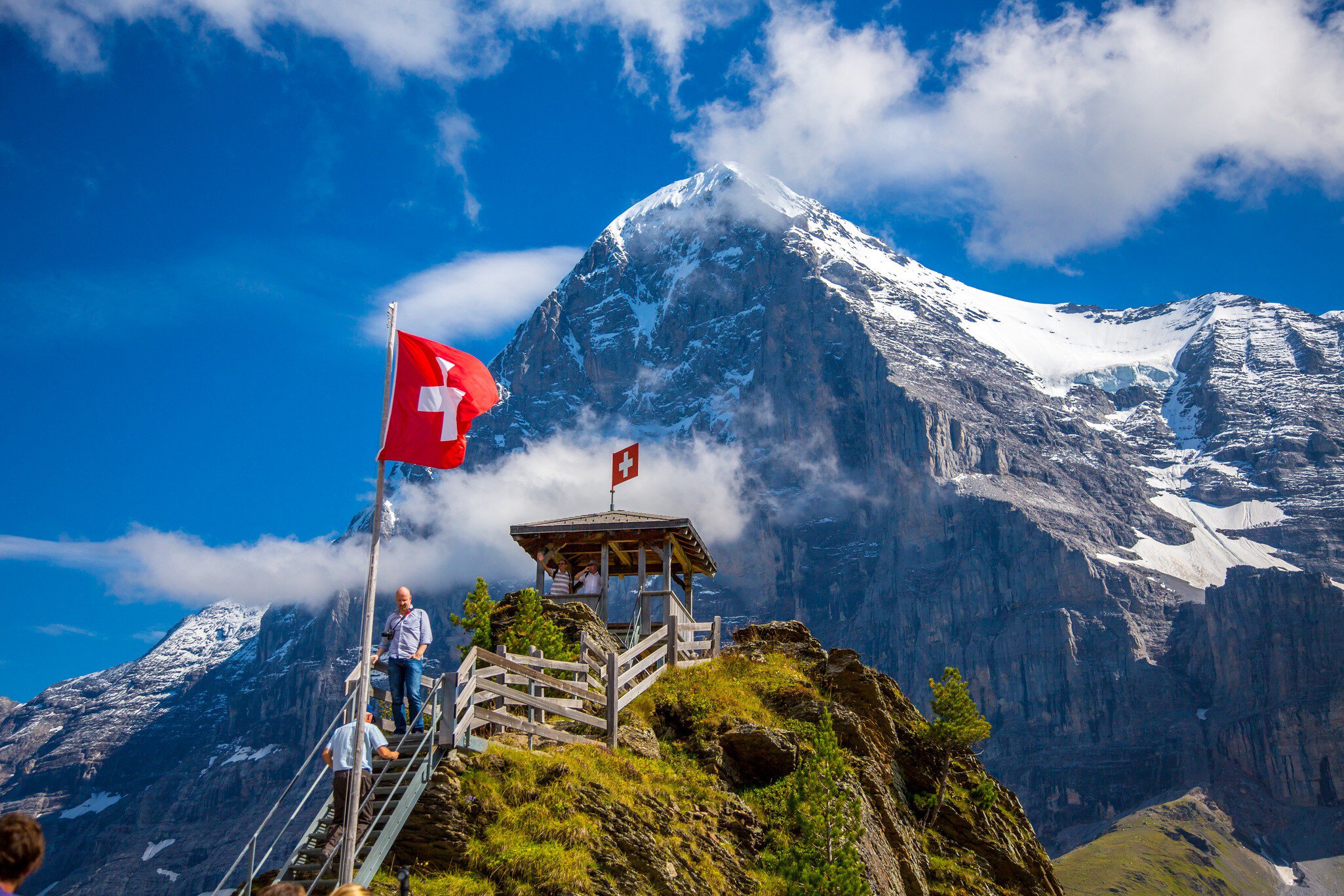 9 July, 2014: A viewpoint along the Eiger trail. The Eiger is the 3,967-meter (13,015 ft) mountain, which looms in the background.