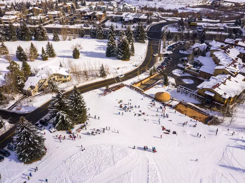 Aerial shot of White Pine Nordic Center and the surrounding track, featuring both classic and skate options.