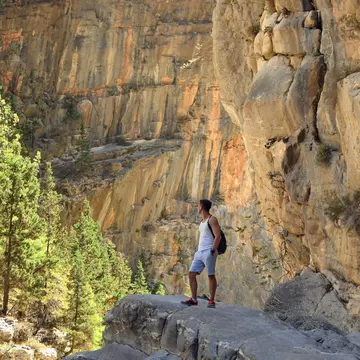 Young male hiker stands on a rock, Samaria Gorge, Crete, Greece