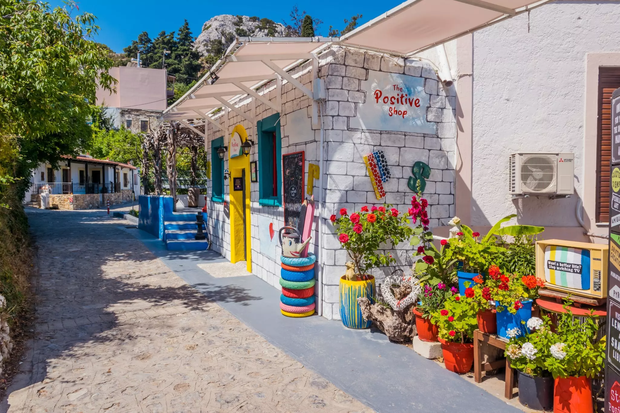 A narrow street with whitewashed commercial buildings decorated with colorful signs and plants