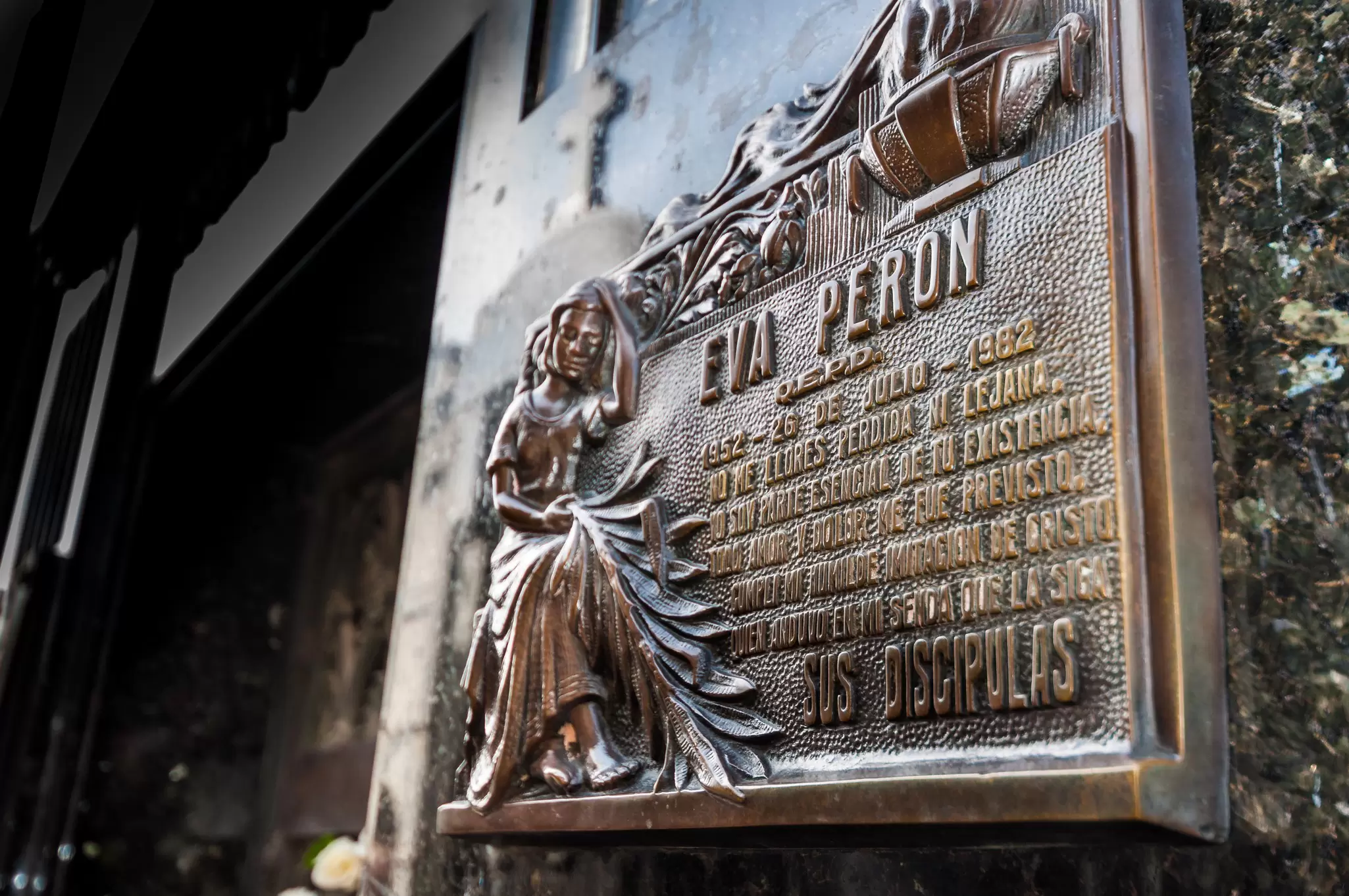 Close-up of the mausoleum of Eva Perón nee Duarte at the Cementerio de la Recoleta in Buenos Aires, Argentina.