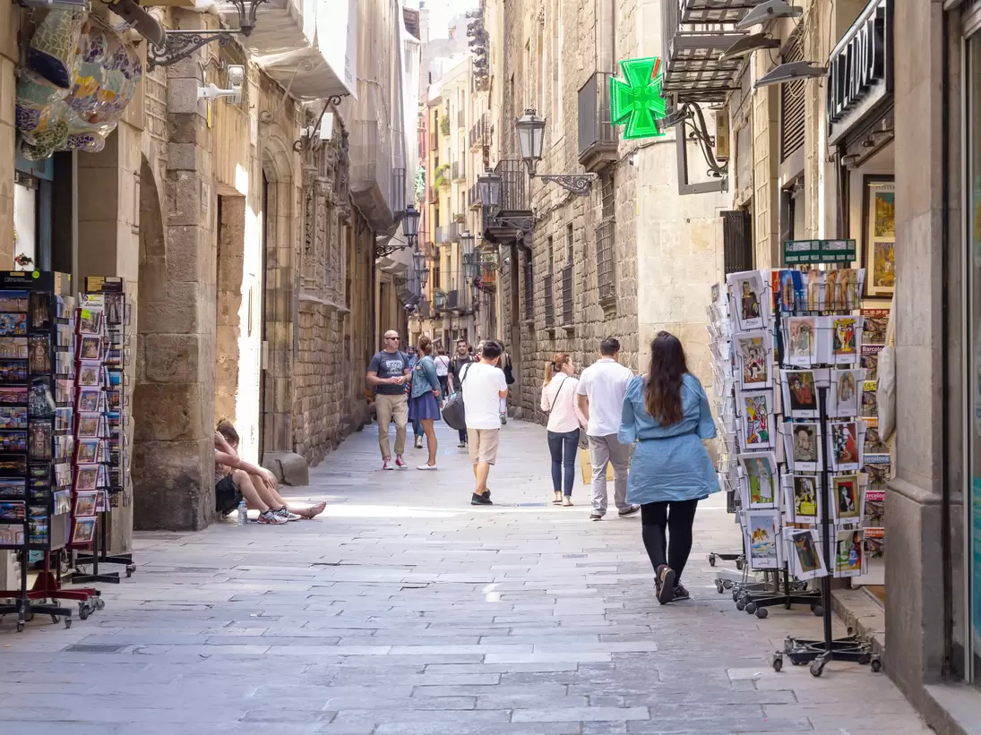 People walking on the Carrer de Montcada in Barcelona, Spain.