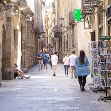 People walking on the Carrer de Montcada in Barcelona, Spain.