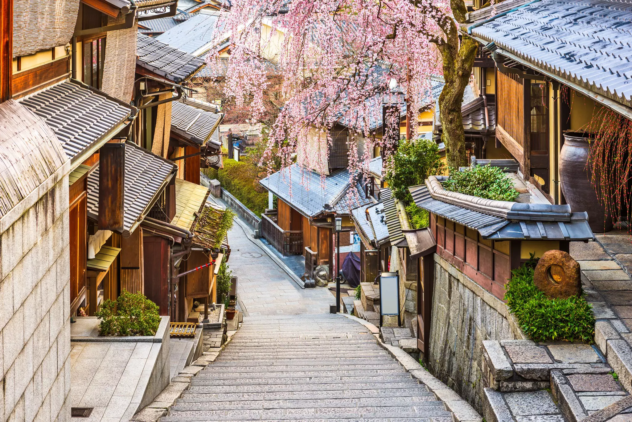 Steps lead to a pathway between traditional Japanese wooden houses.