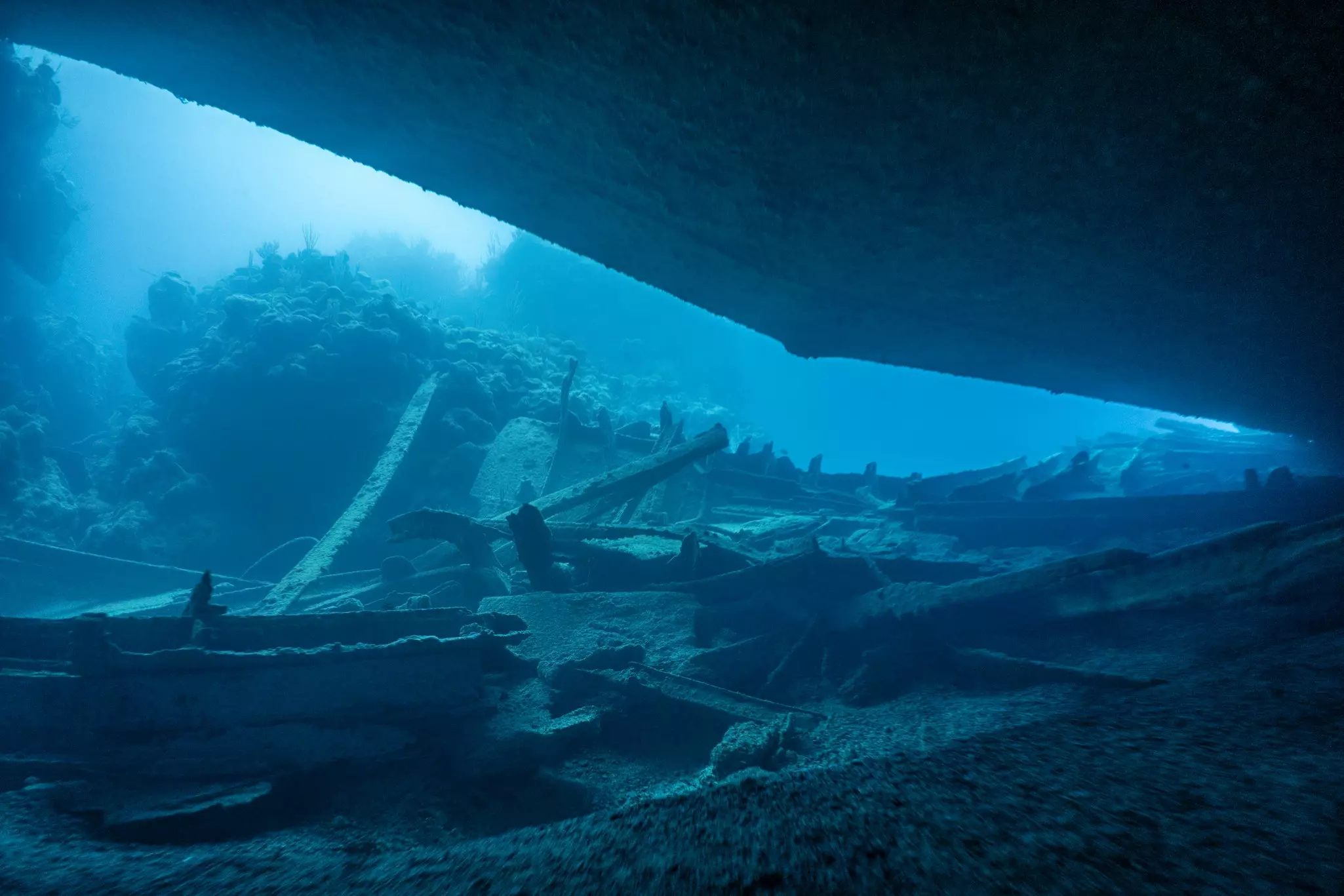 A shipwreck underwater on the sea floor.