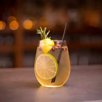 Low angle close up of ice cold modern gourmet craft cocktail of gin and tonic soda garnished by lemon slice and rosemary sprig sprinkled by juniper berries on bar with blurry restaurant bar background  License Type: media  Download Time: 2023-08-29T02:50:24.000Z  User: dermothegarty77  Is Editorial: No  purchase_order: