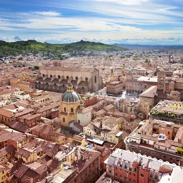 Overview of medieval cityscape of historic Bologna.
