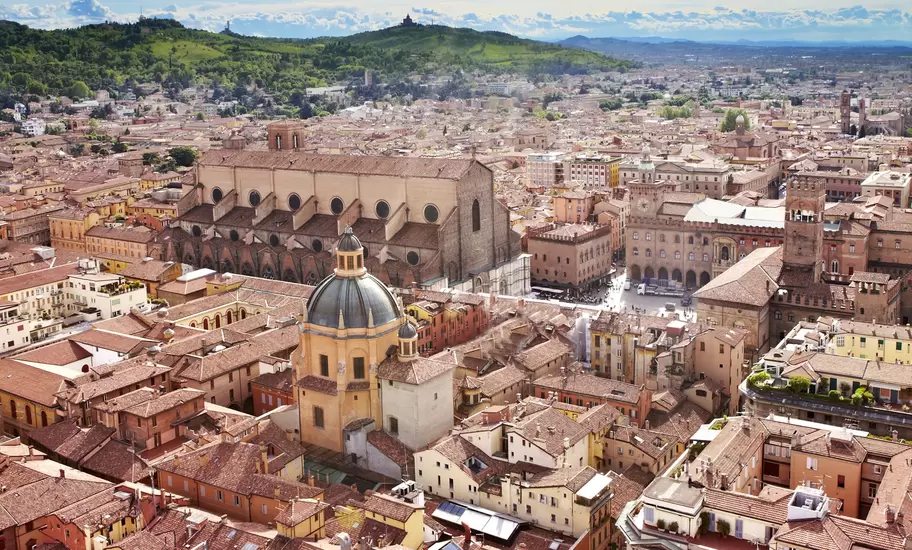 Overview of medieval cityscape of historic Bologna.