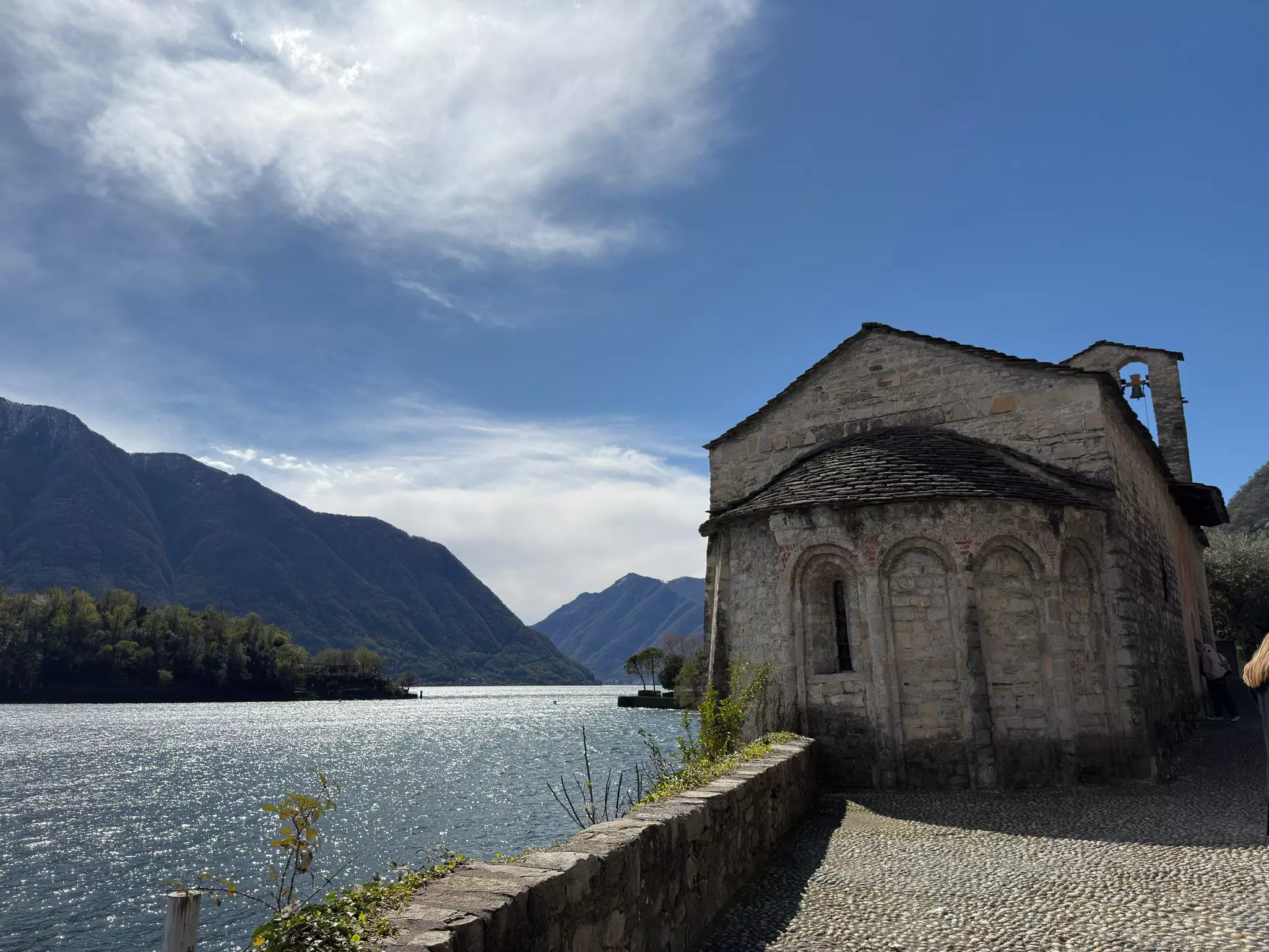 An old stone church on the shore of Lake Como, Italy. 