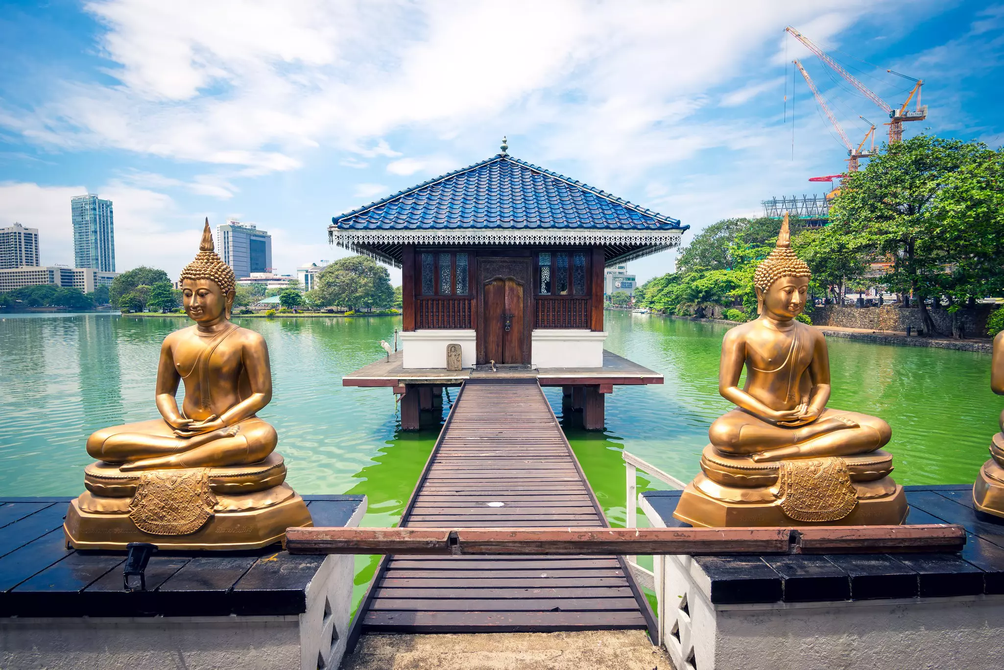 A small temple located on a lake with seated golden buddhas either side of the wooden walkway.