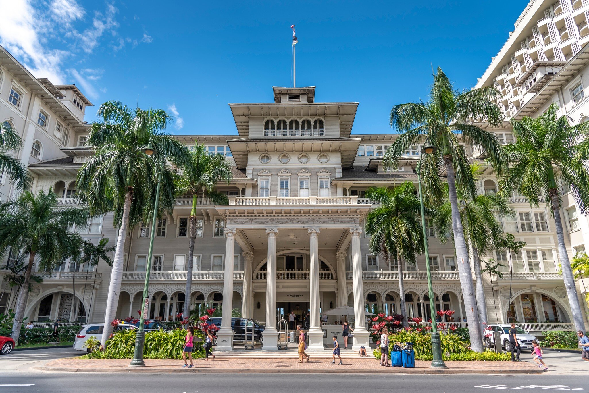 Honolulu, Hawaii - April 1, 2019: Exterior facade of the famous Moana Surfrider in Waikiki, Honolulu. The Moana Surfrider is a landmark Westin Hotel in Honolulu.; Shutterstock ID 1365285320;