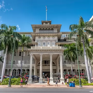 Honolulu, Hawaii - April 1, 2019: Exterior facade of the famous Moana Surfrider in Waikiki, Honolulu. The Moana Surfrider is a landmark Westin Hotel in Honolulu.; Shutterstock ID 1365285320;