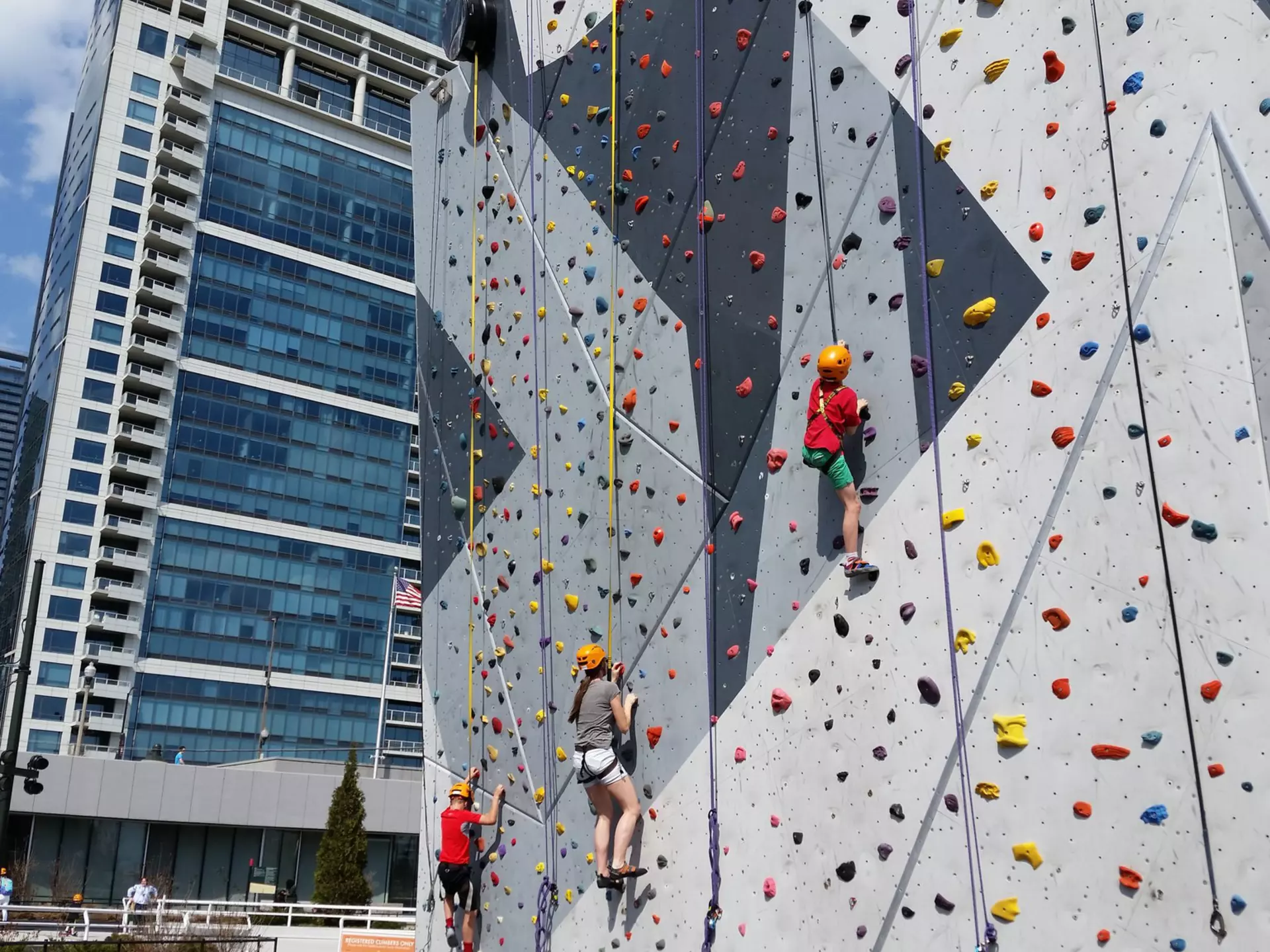 A 40-foot-high outdoor rock climbing wall at Maggie Daley Park near Chicago's Millennium Park.