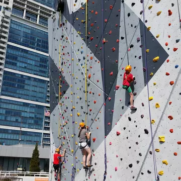 A 40-foot-high outdoor rock climbing wall at Maggie Daley Park near Chicago's Millennium Park.