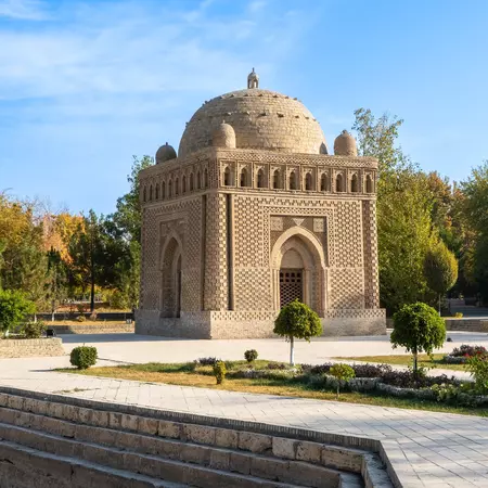 Ismail Samani Mausoleum is beige, sand mausoleum in Bukhara, Uzbekistan