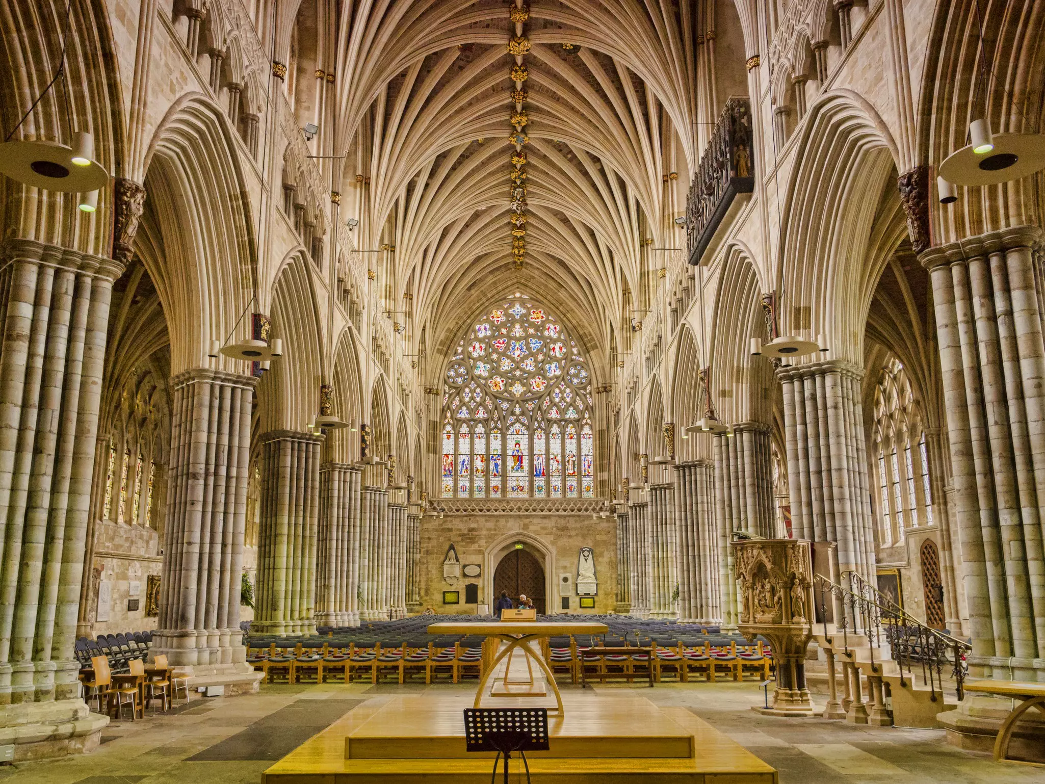 The nave of Exeter Cathedral, showing the fabulous vaulted ceiling, Devon, England.