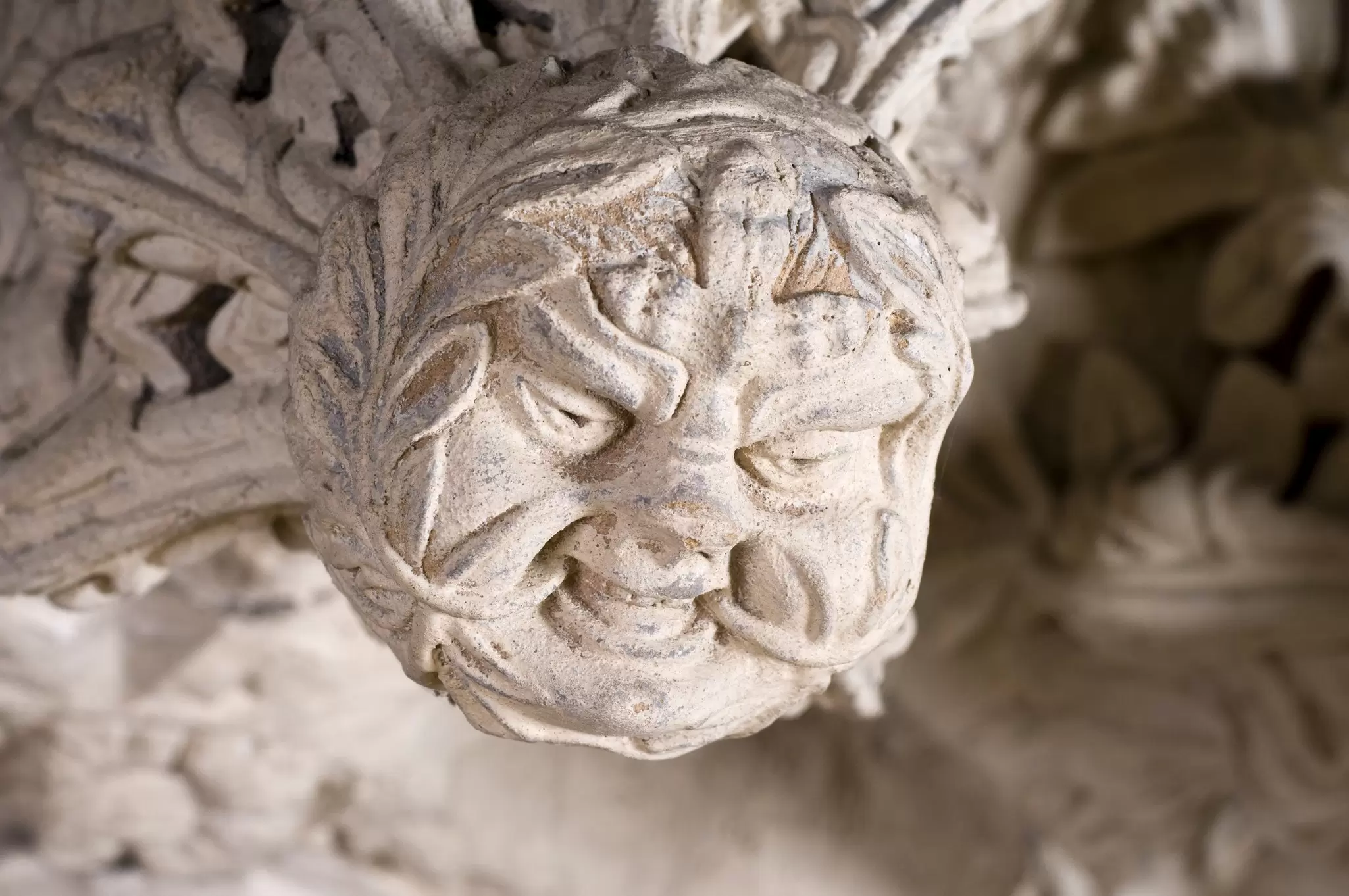 A stone carving of a male face coming out of a wall