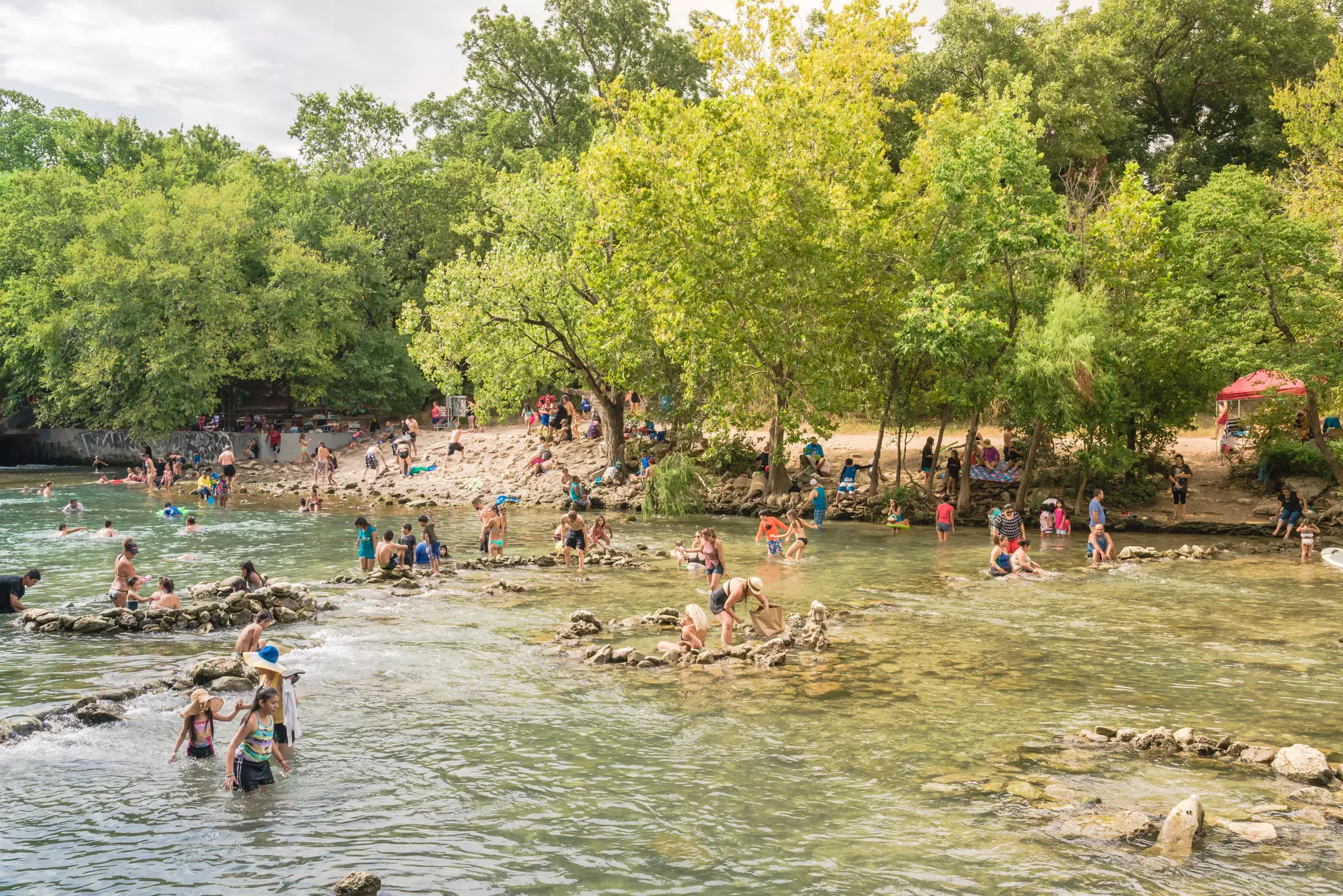 A wide view of dozens people enjoying the water at a swimming spot at a spring. Green trees grow next to the water, providing shade.