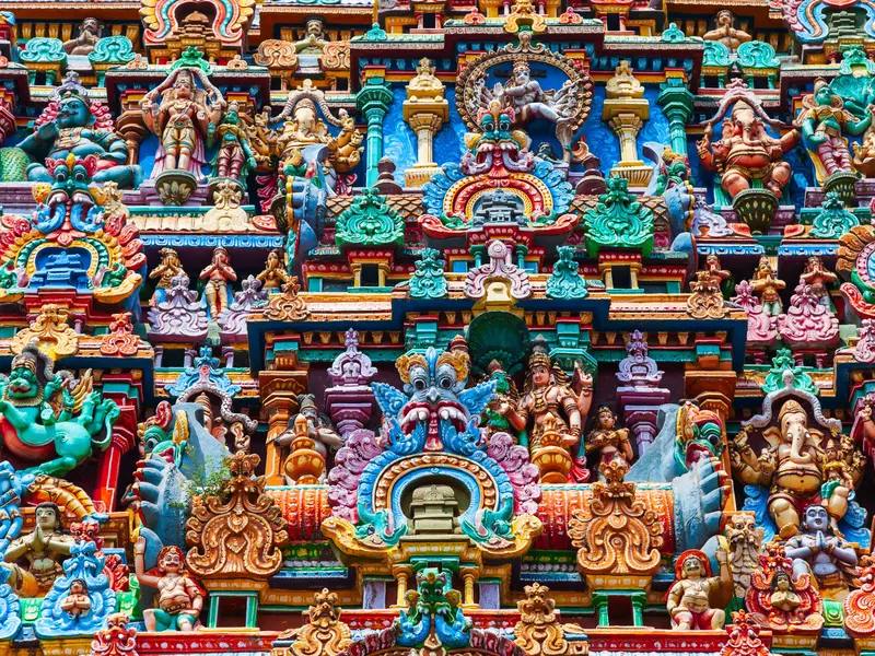 Close up of painted temple carvings in Madurai 