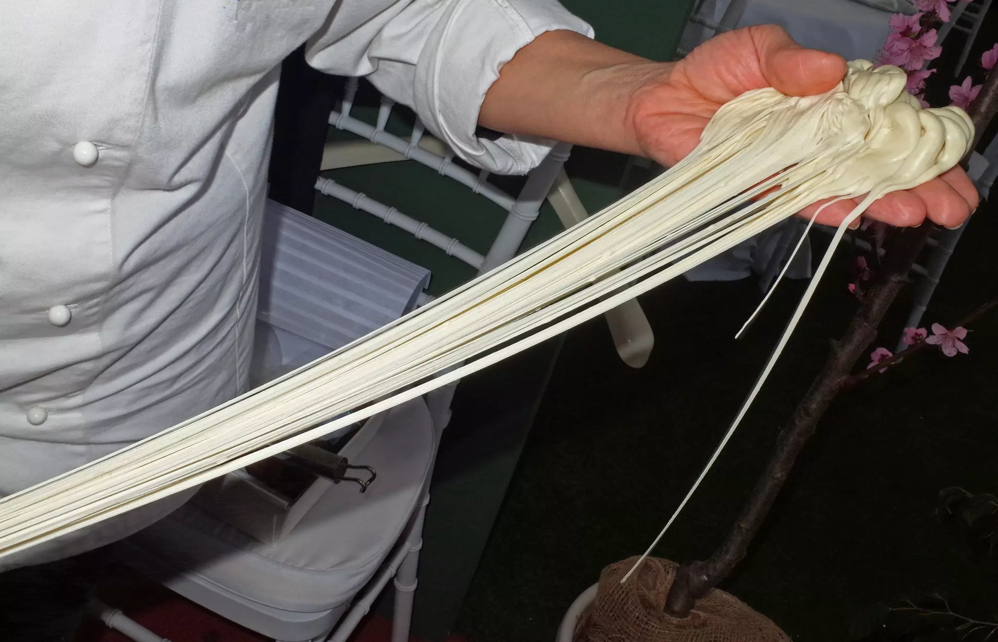 A chef prepares pasta