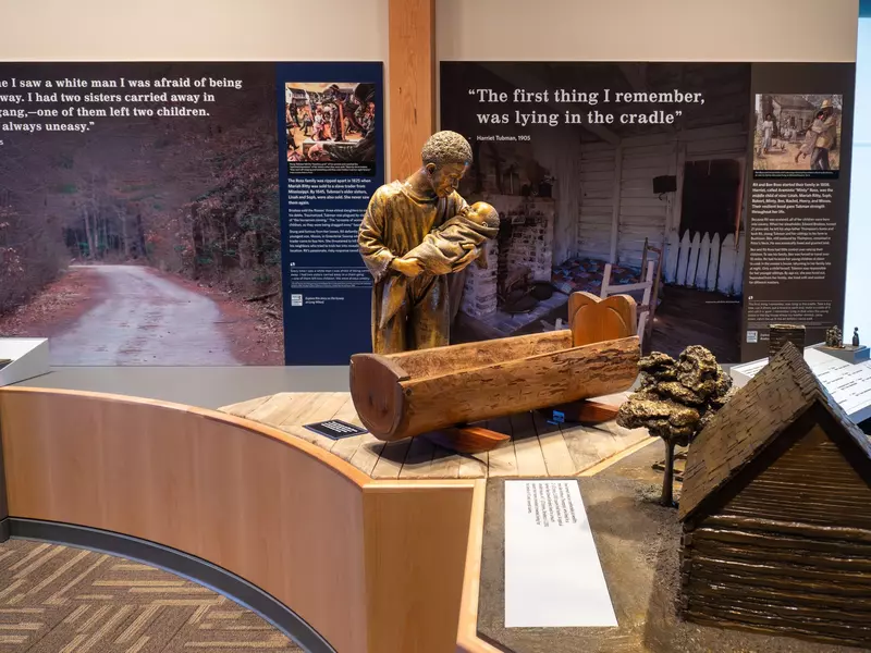Harriet Tubman Underground Railroad National Historical Park and State Park. Interpretive display about young, enslaved Tubman.