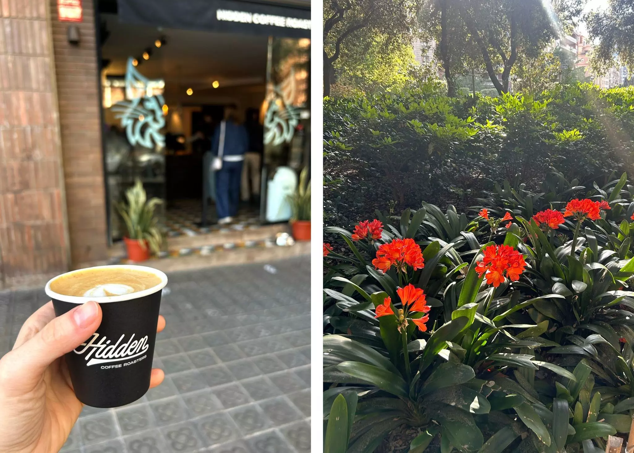 LP DIPTYCH TEMPLATE - 1
BARCELONA, SPAIN. 
Left, coffee at Hidden Roasters in Les Corts. Right, Parc del Turó.