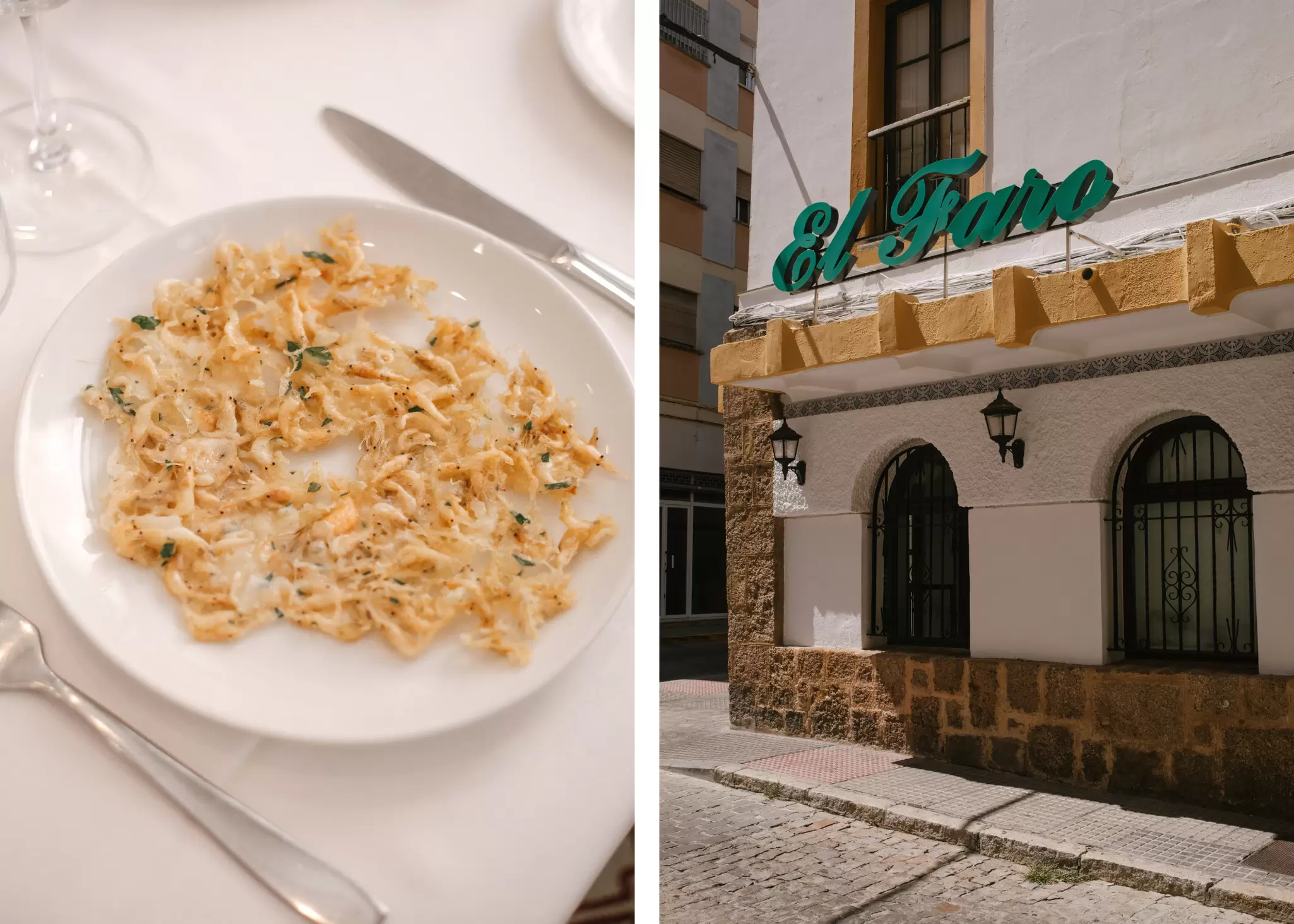Left: A plate of tortillitas de camarones at El Faro. Right: The frontage of El Faro de Cádiz. 