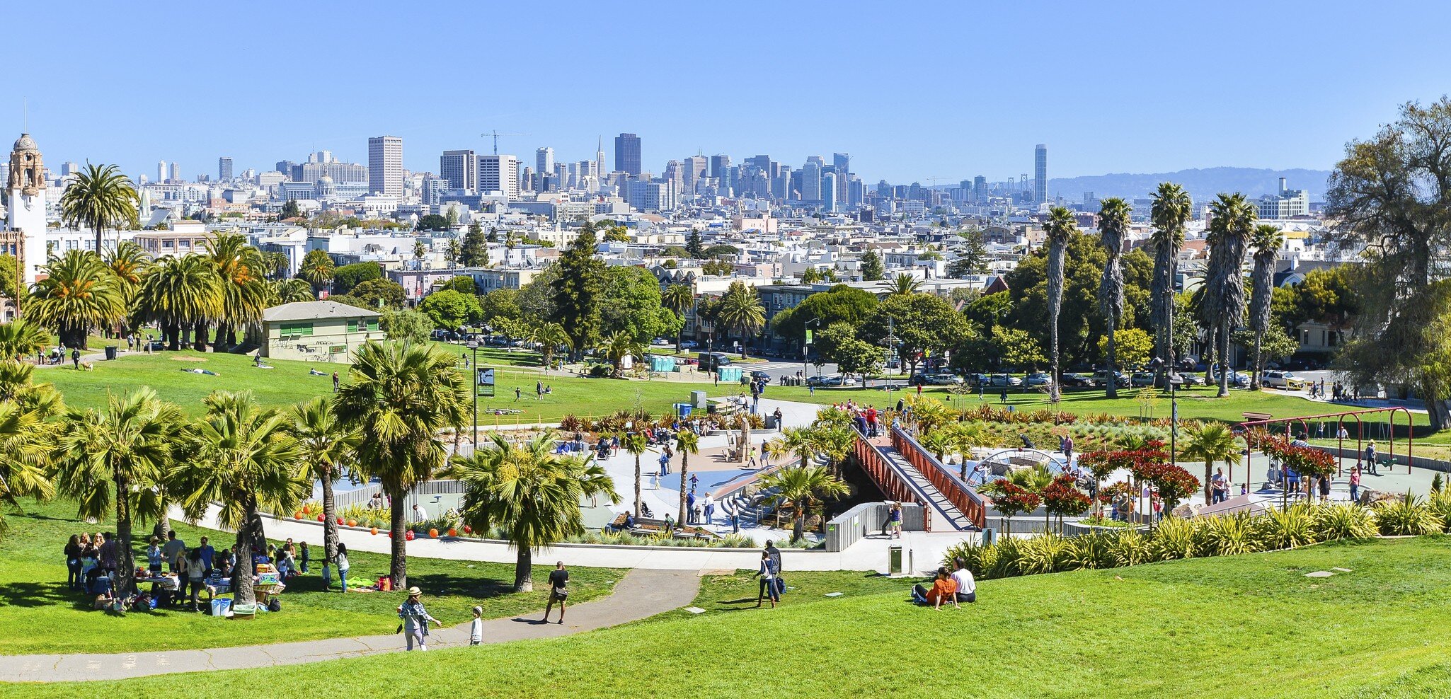 People relaxing on grassy slopes among palm trees in Dolores Park, San Francisco, with downtown high-rises on the horizon.
