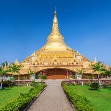 Facade of the Global Vipassana Pagoda, a meditation hall in Mumbai, India.