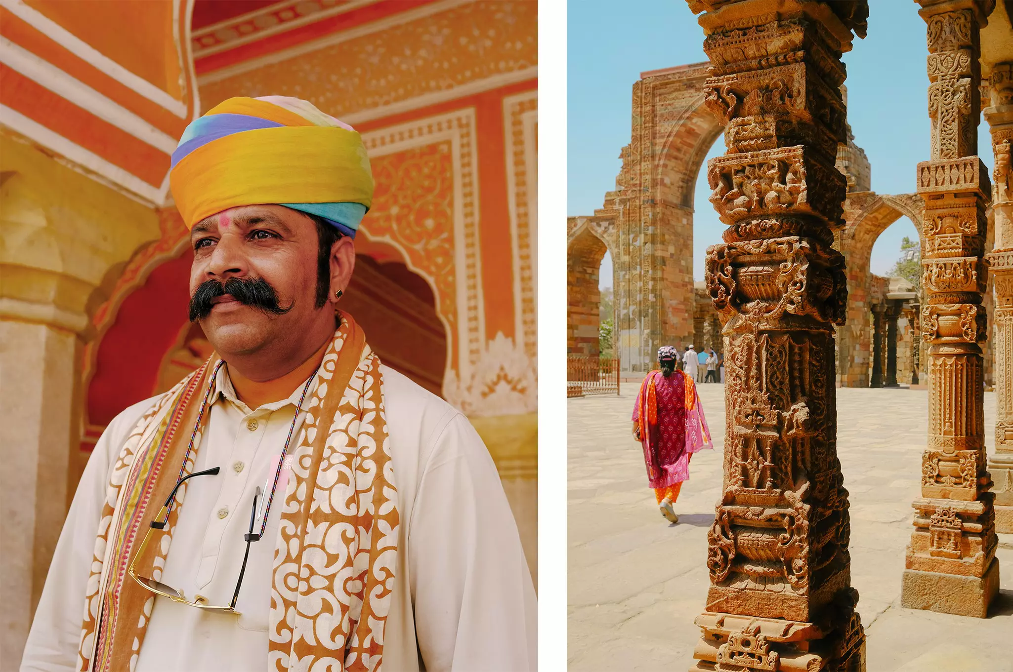 Left: A man with a large colorful turban stands in front of an intricately patterned orange wall. Right: A woman in a pink sari walks by intricate carved pillars within an ancient complex.