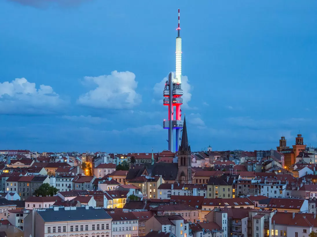 Cityscape of Prague overlooking the district of Zizkov and the TV tower. Prague, Czech Republic. 